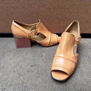 Balenciaga Leather Cutout Patent Leather Peach Orange Block Heel Shoe Size 39